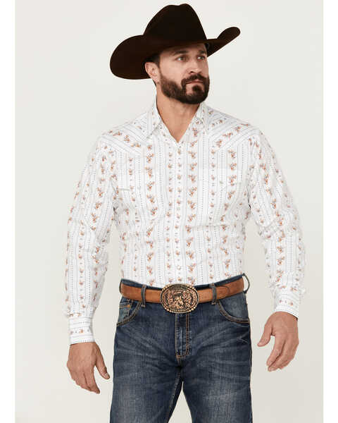 Image #1 - Ely Walker Men's Floral Striped Long Sleeve Pearl Snap Western Shirt , White, hi-res