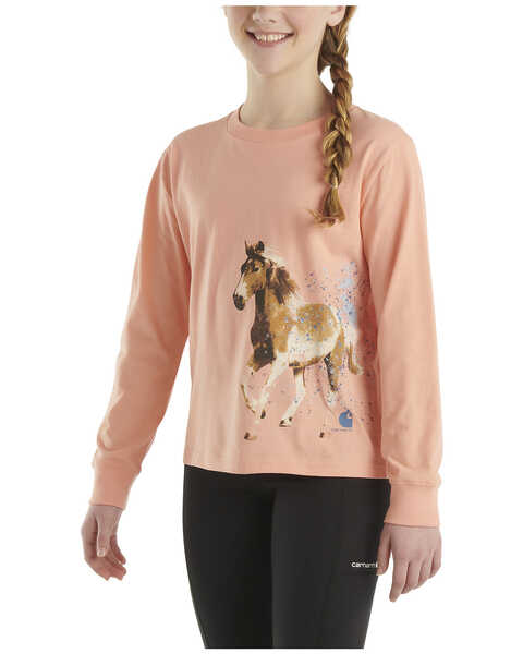 Image #1 - Carhartt Toddler Girls' Running Horse Long Sleeve Graphic Tee, Peach, hi-res