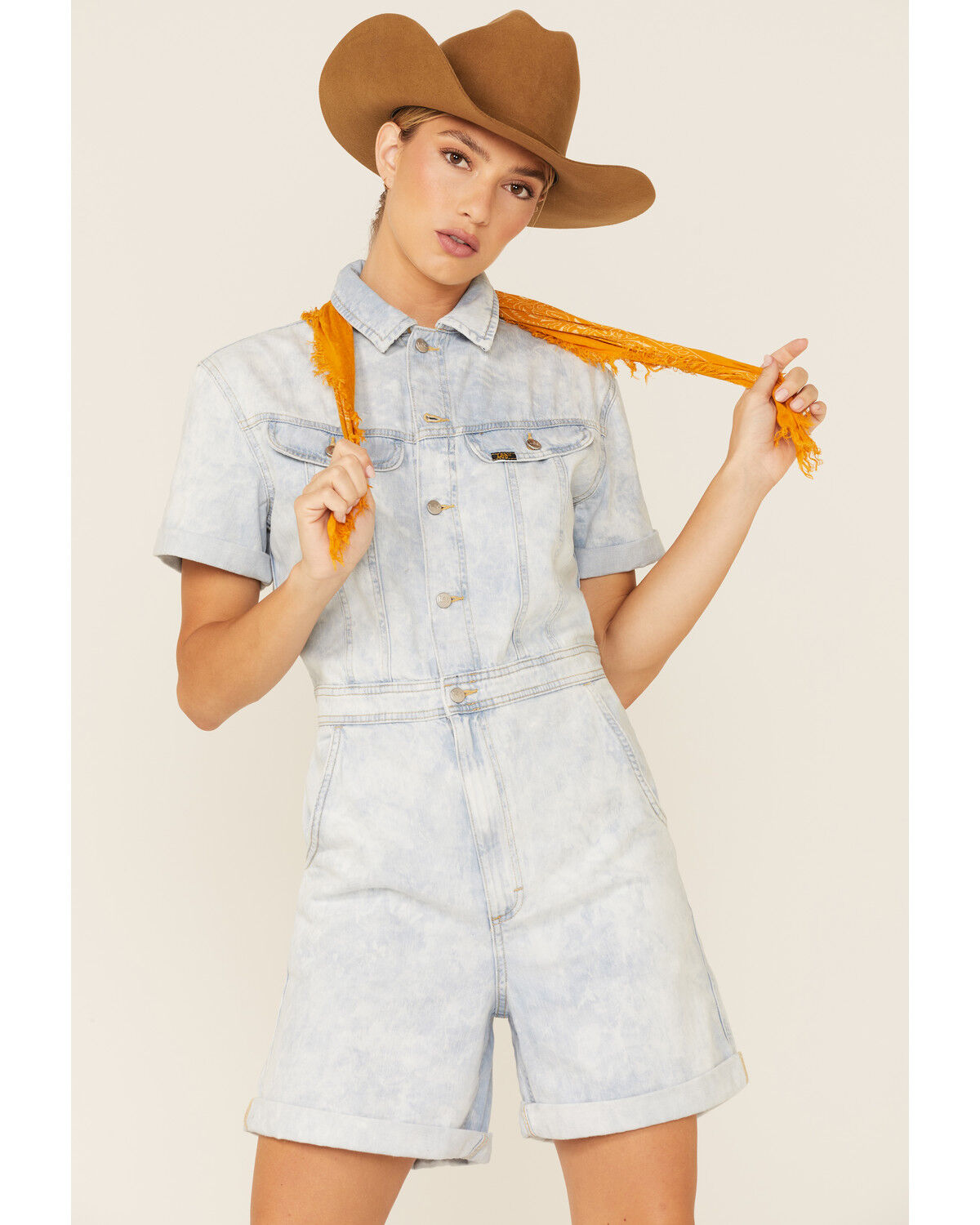 Image #1 - Lee Women's Acid Wash Denim Short Unionall Romper, Blue, hi-res