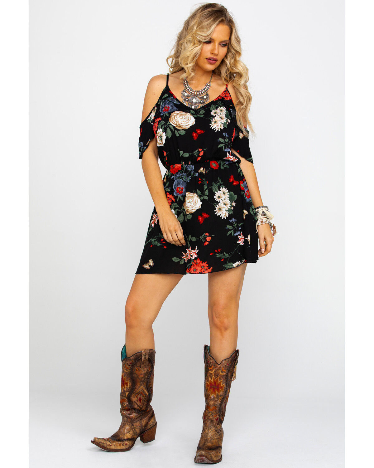 floral print cold shoulder dress