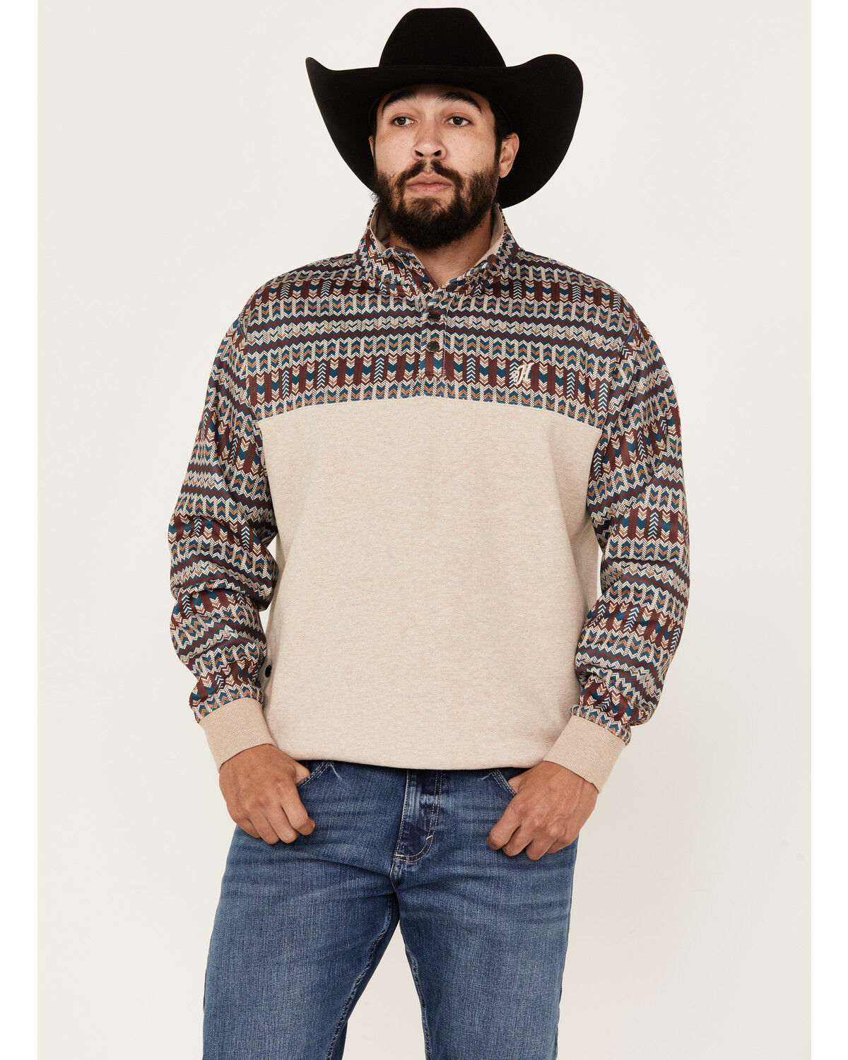 Image #1 - Hooey Men's Stevie Southwestern Color Block 1/4 Snap Pullover, Cream, hi-res