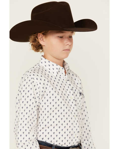 Image #2 - Ariat Boys' Parker Cactus Print Long Sleeve Button-Down Western Shirt , White, hi-res
