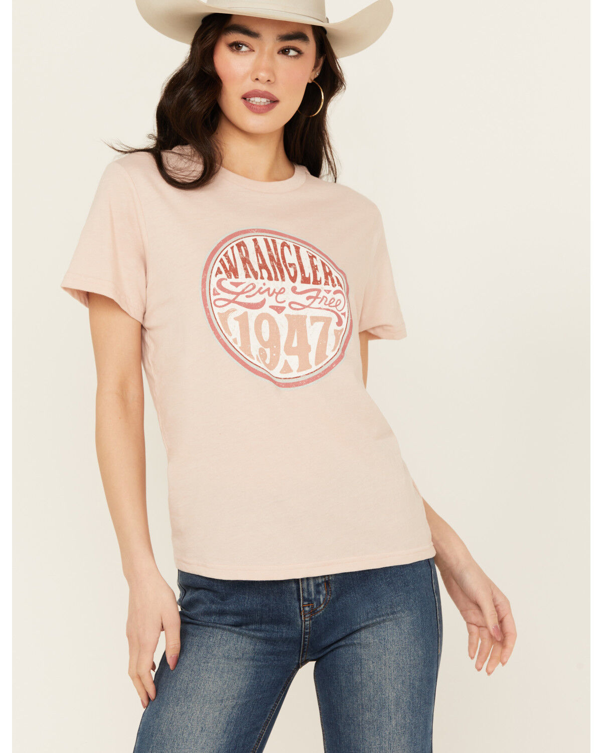 Image #1 - Wrangler Women's Live Free Short Sleeve Graphic Tee, Peach, hi-res