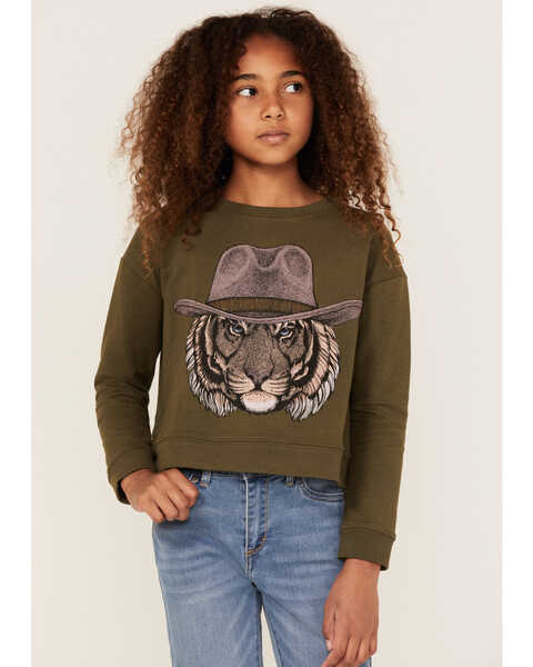 Image #1 - Somewhere West Girls' Cowboy Tiger Graphic Sweatshirt, Olive, hi-res