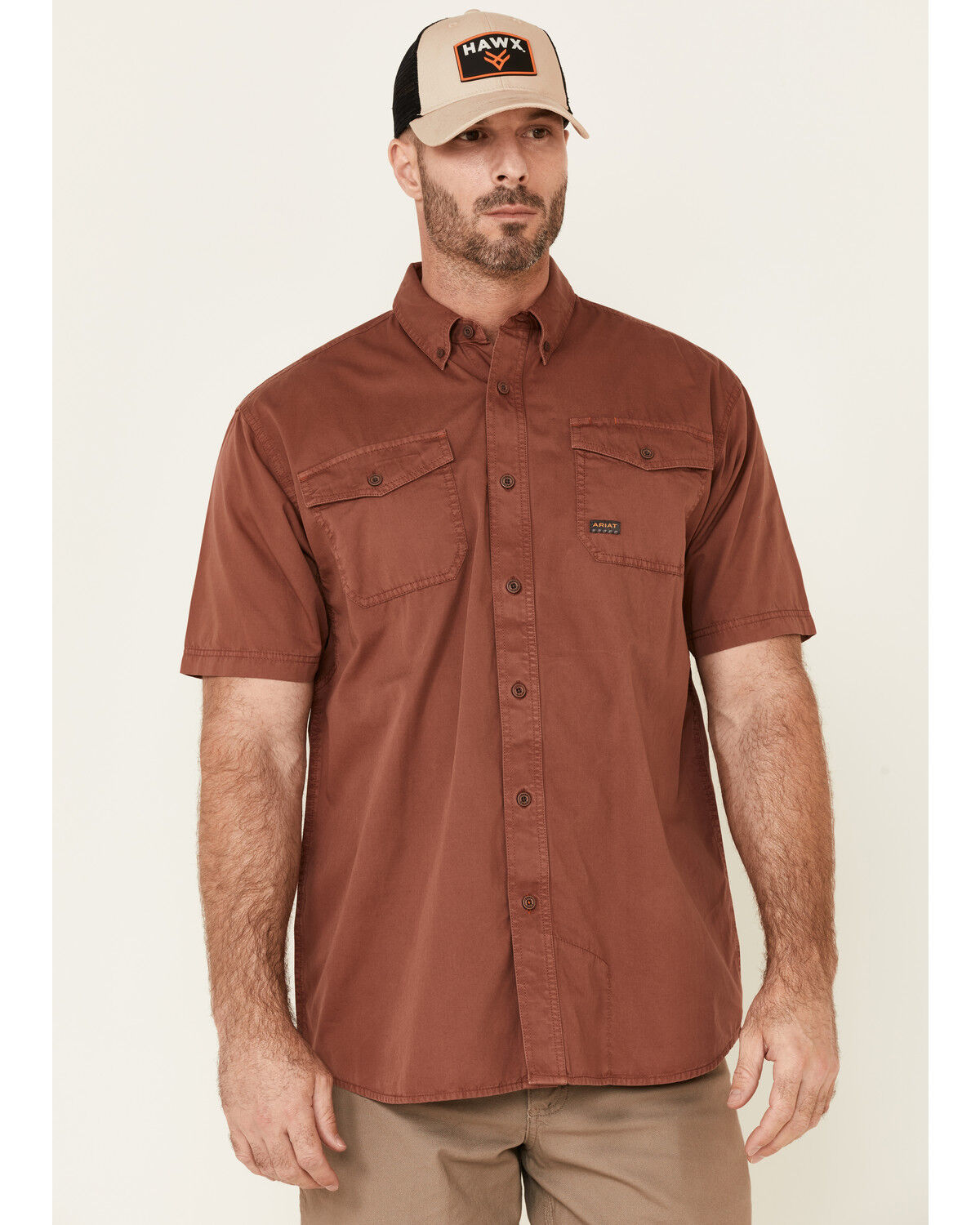 Image #1 - Ariat Men's Henna Solid Rebar Washed Twill Short Sleeve Button Down Work Shirt, Brown, hi-res