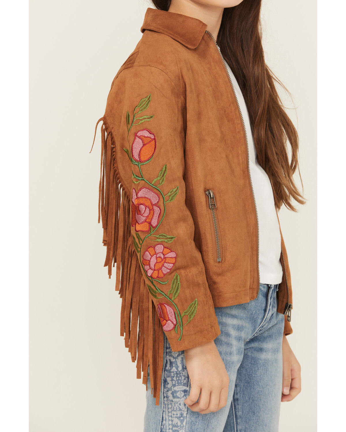 Image #4 - Fornia Girls' Floral Embroidered Fringe Jacket, Camel, hi-res
