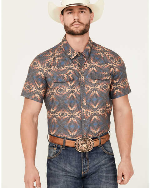 Rock & Roll Denim Men's Southwestern Print Short Sleeve Pearl Snap Performance Western Shirt, Charcoal, hi-res