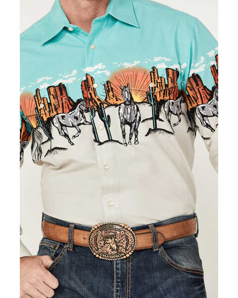 Image #3 - Panhandle Men's Desert Border Long Sleeve Pearl Snap Western Shirt , Turquoise, hi-res