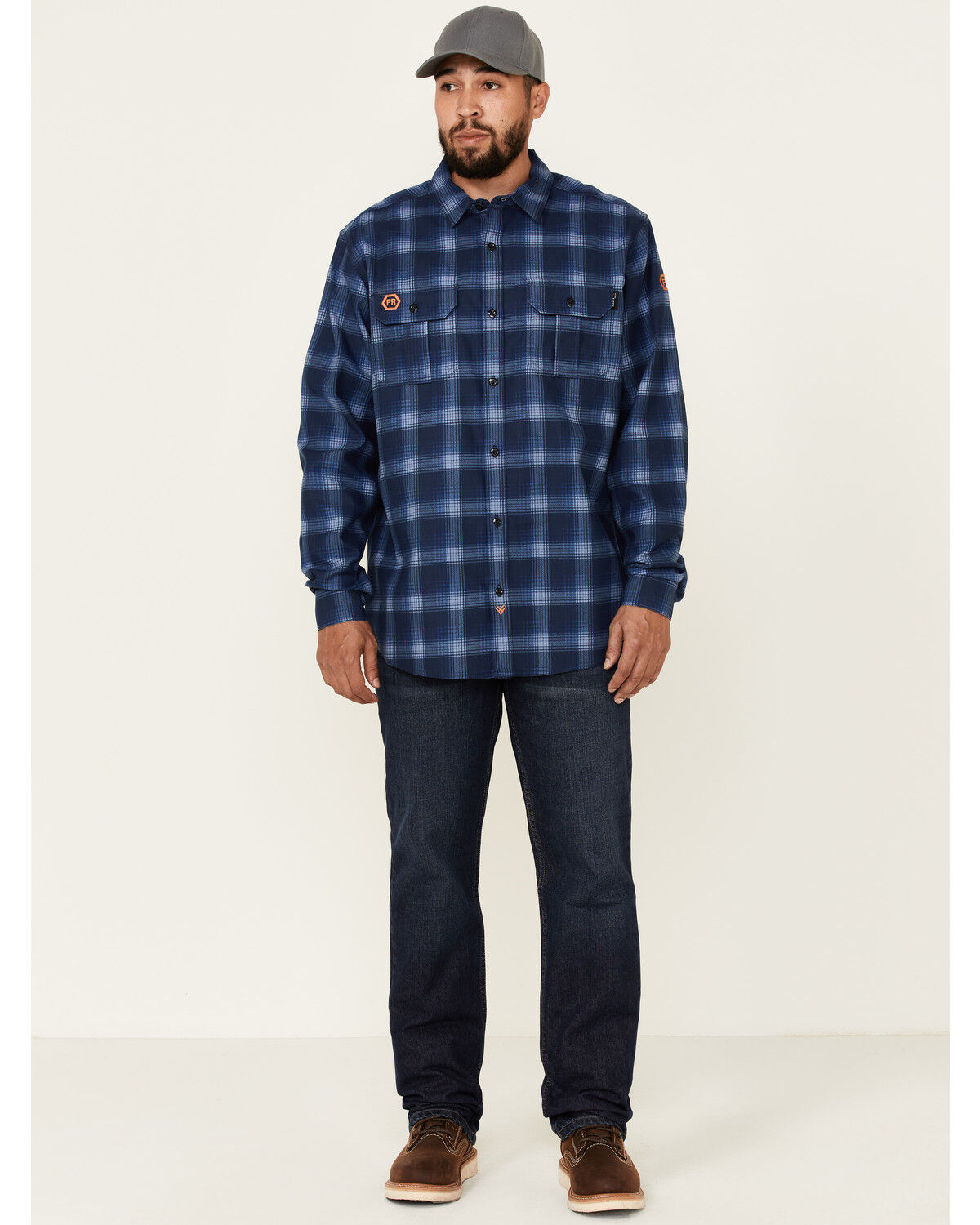 Image #2 - Hawx Men's FR Plaid Print Long Sleeve Button-Down Work Shirt, Navy, hi-res