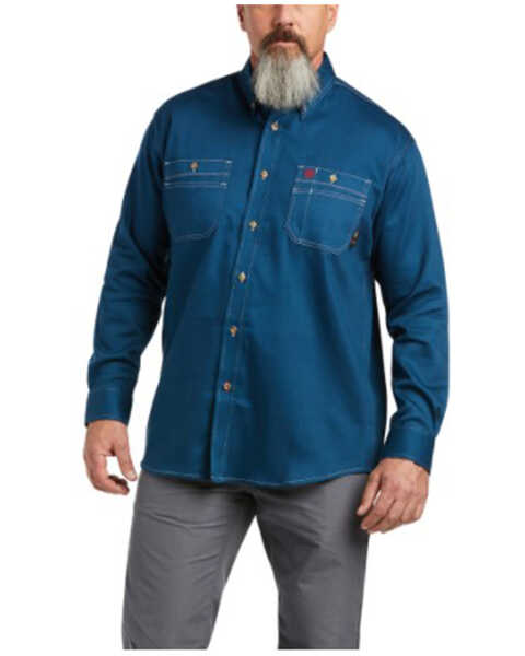 Image #1 - Ariat Men's FR Solid Long Sleeve Button Down Work Shirt - Tall , Teal, hi-res