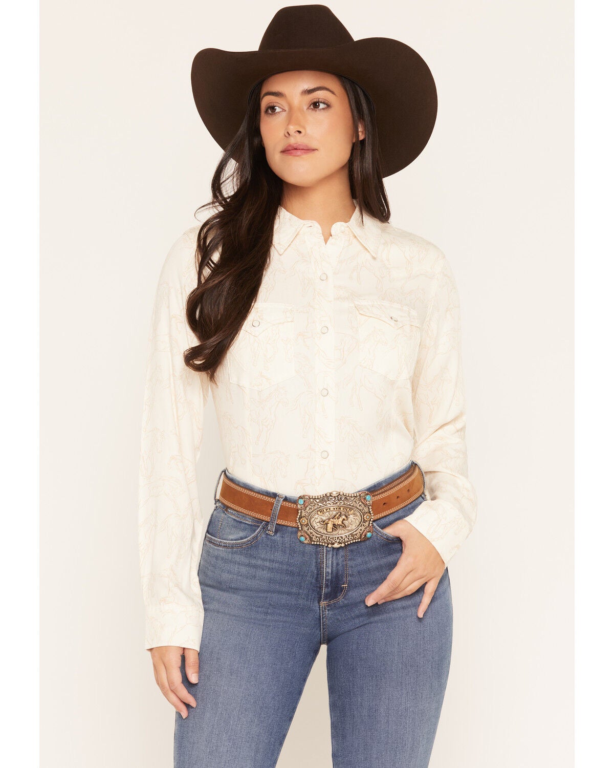 Wrangler Retro Women's Sierra Horse Print Slim Long Sleeve Snap Western Shirt, Cream, hi-res