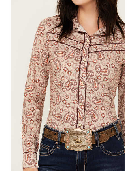 Image #3 - Rock & Roll Denim Women's Paisley Print Double Piping Long Sleeve Snap Western Shirt , Red, hi-res