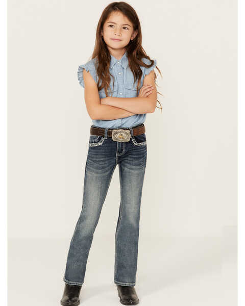 Grace in LA Little Girls' Medium Wash Steer Head Pocket Stretch Bootcut Jeans , Medium Wash, hi-res