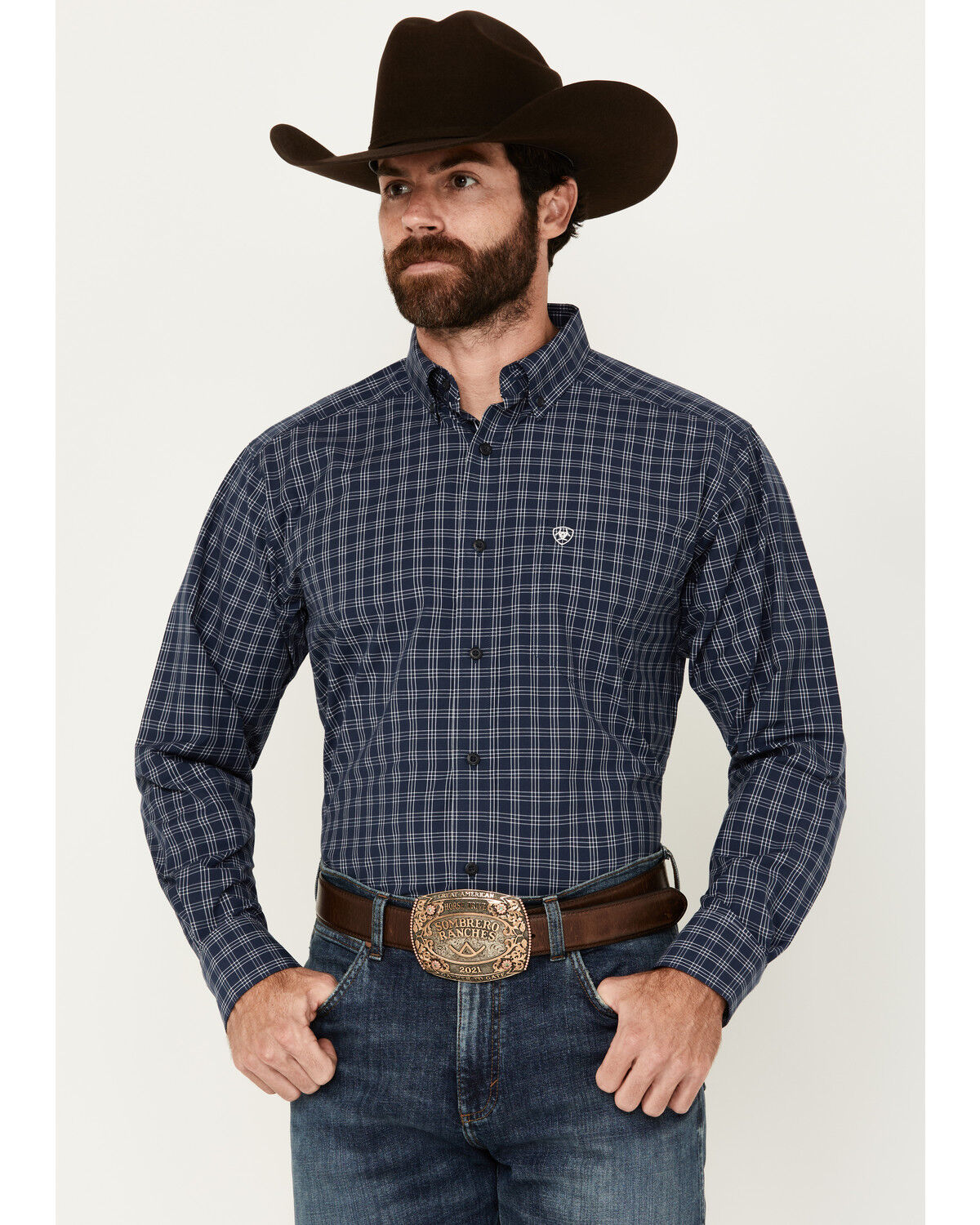 Image #1 - Ariat Men's Prestcot Windowpane Plaid Print Long Sleeve Performance Shirt - Tall, Navy, hi-res
