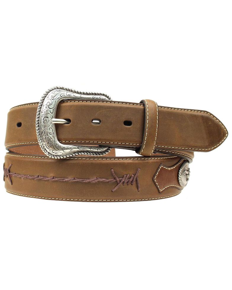 Nocona Scalloped Overlay with Conchos Shoelace Stitched Belt, Med Brown, hi-res