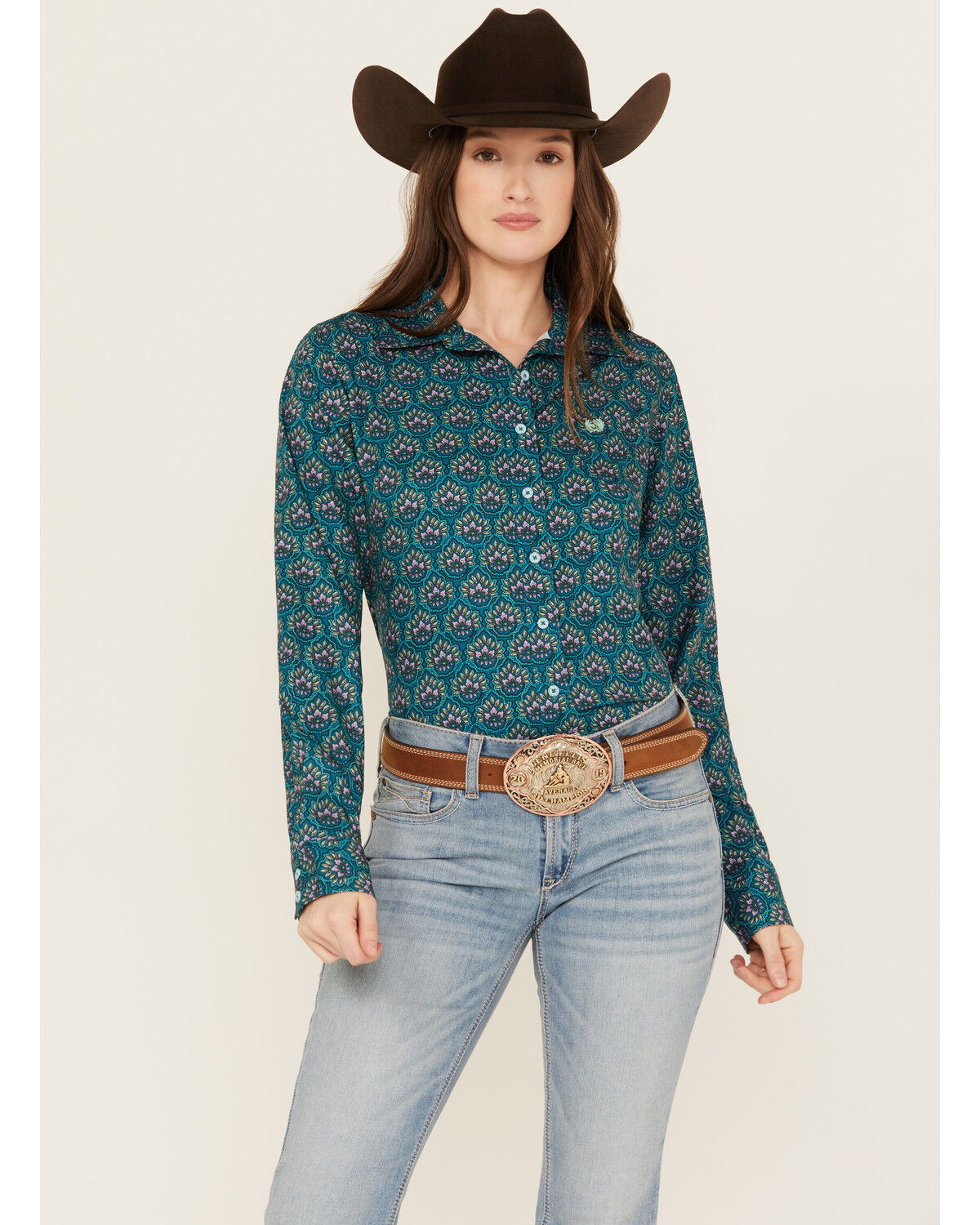 Image #1 - Cinch Women's ARENAFLEX® Floral Long Sleeve Button Down Western Shirt, Teal, hi-res