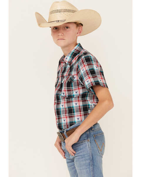 Image #2 - Cody James Boys' Steerhead Plaid Print Short Sleeve Snap Western Shirt , Navy, hi-res