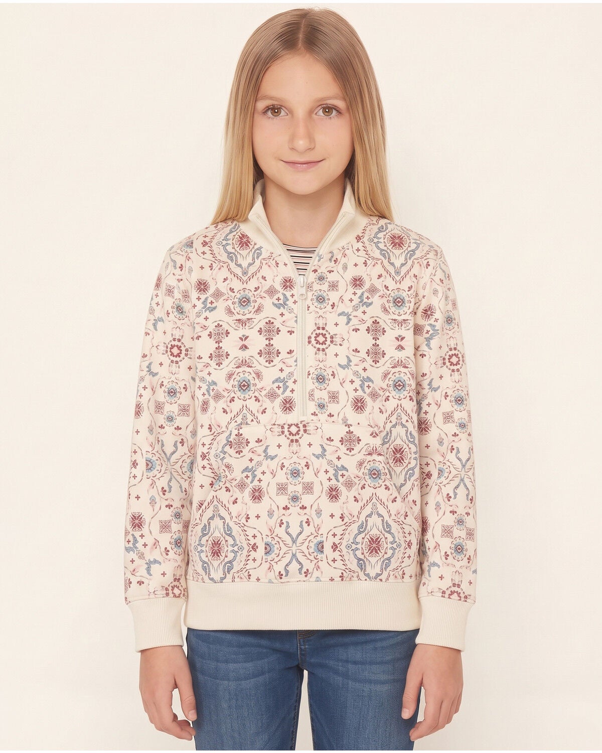 Shyanne Girls' Tapestry Print 1/2 Zip Pullover, Natural, hi-res