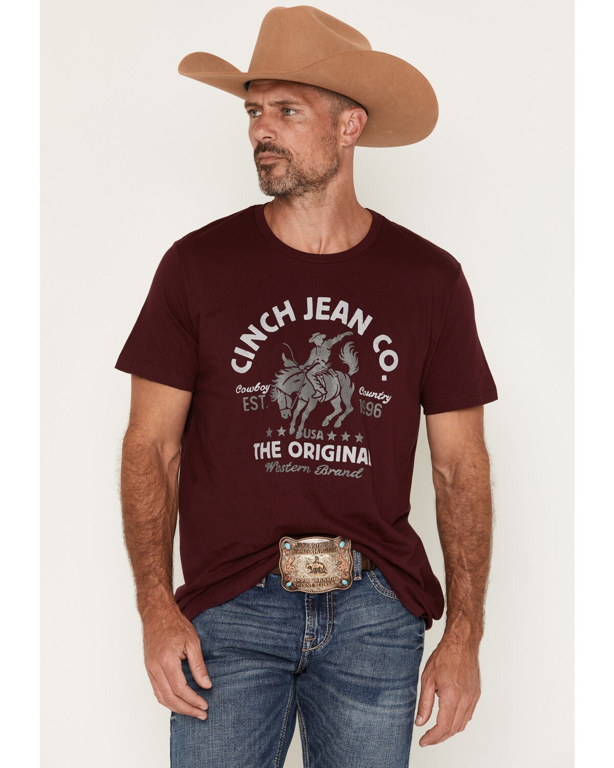 Cinch Men's Boot Barn Exclusive Jean Co. Short Sleeve Graphic T-Shirt, Burgundy, hi-res