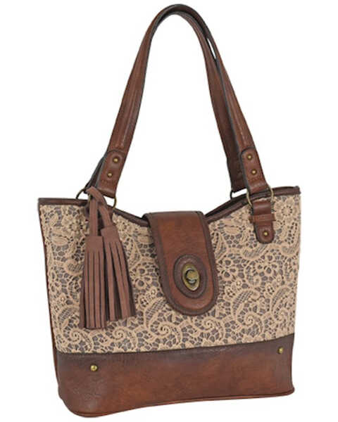 Justin Women's Floral Lace & Burnished Leather Tote Bag, Brown, hi-res