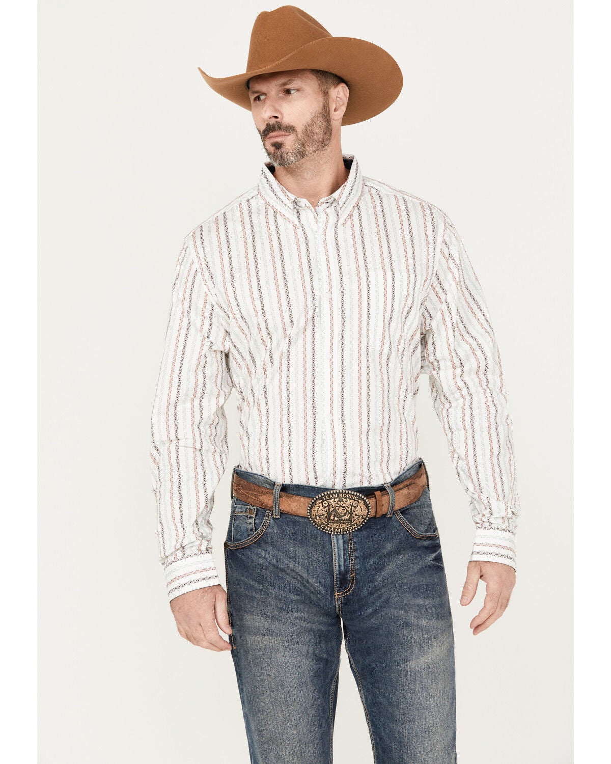 RANK 45&reg; Men's Stormy Southwestern Striped Print Long Sleeve Button-Down Stretch Western Shirt, Gold, hi-res