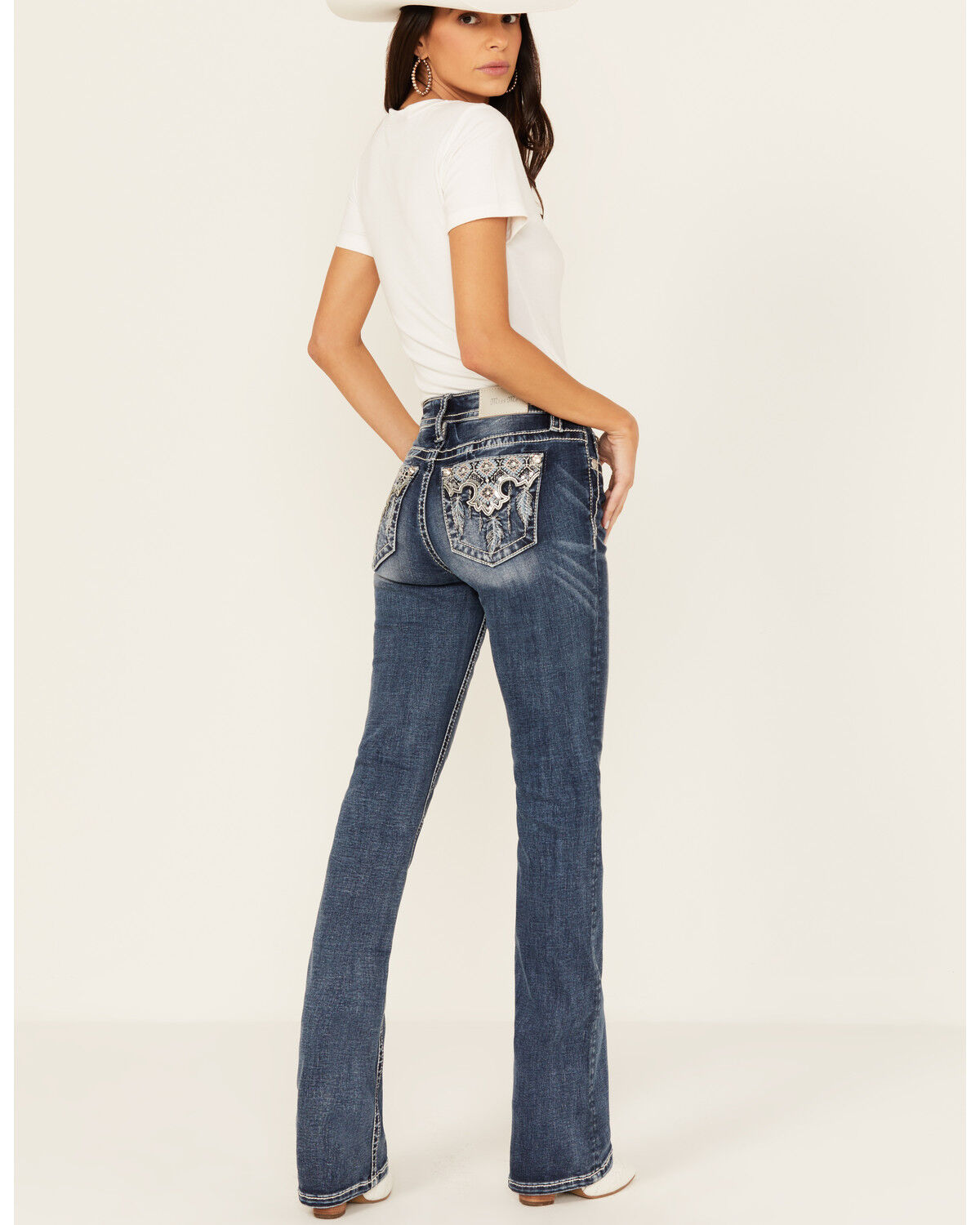 Image #1 - Miss Me Women's Dark Rise Mid Wash Geo Feather Pocket Bootcut Stretched Denim Jeans, , hi-res