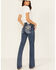 Image #1 - Miss Me Women's Dark Rise Mid Wash Geo Feather Pocket Bootcut Stretched Denim Jeans , Dark Wash, hi-res