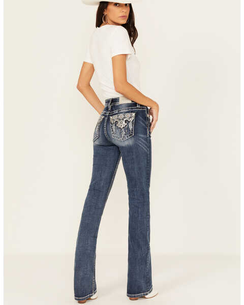 Image #1 - Miss Me Women's Dark Rise Mid Wash Geo Feather Pocket Bootcut Stretched Denim Jeans , Dark Wash, hi-res