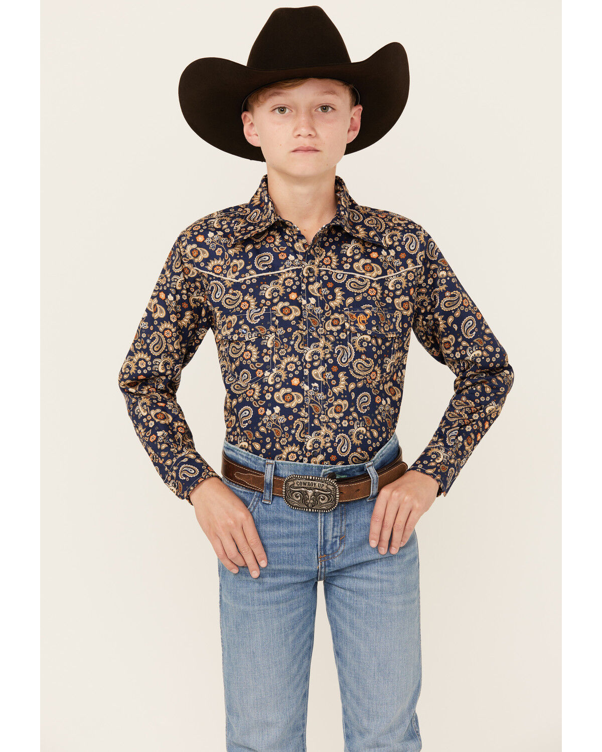 Image #1 - Cowboy Hardware Boys' Paisley Print Long Sleeve Snap Western Shirt, Navy, hi-res