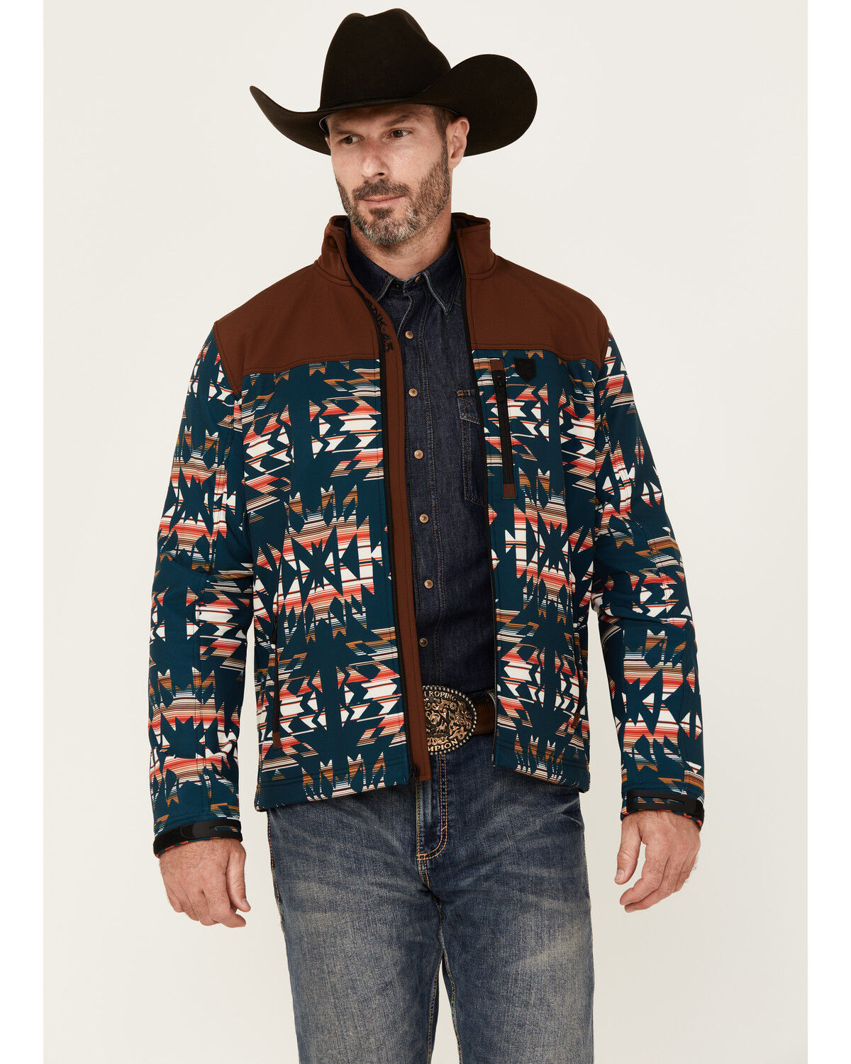 Image #1 - RANK 45® Men's Southwestern Print Color Block Jacket, Dark Teal, hi-res