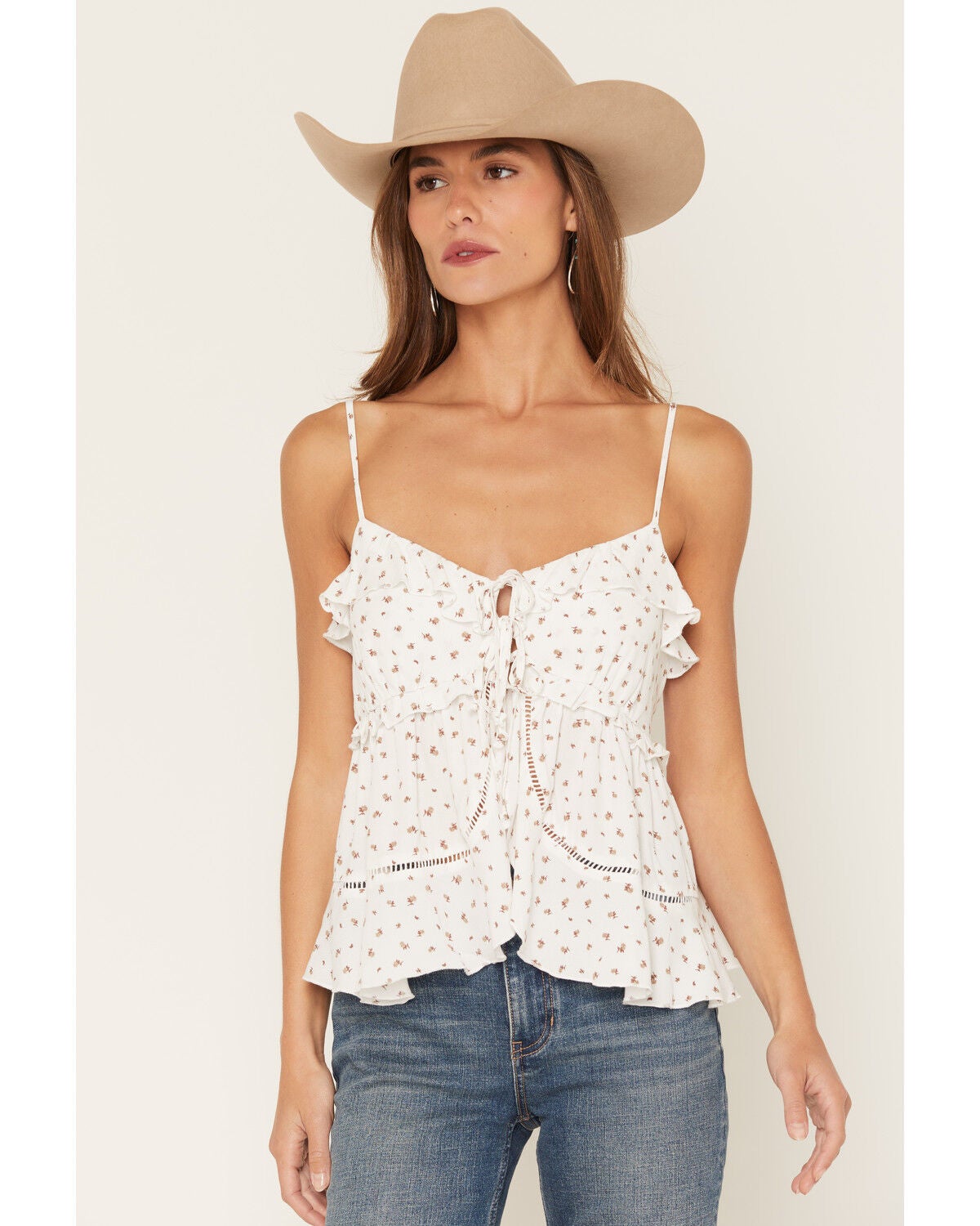 Cleo + Wolf Women's Floral Print Tie-Front Sleeveless Ruffle Cami, Ivory, hi-res