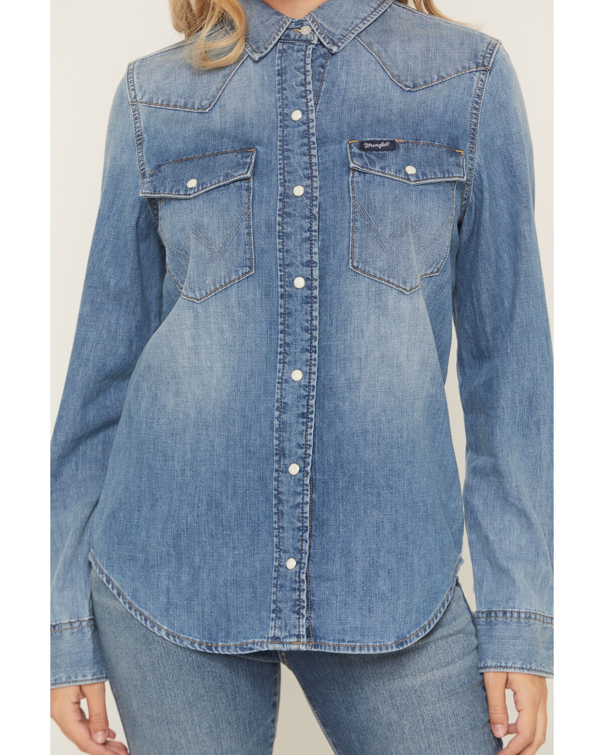 Image #3 - Wrangler Women's Light Wash Long Sleeve Snap Denim Shirt, Light Wash, hi-res