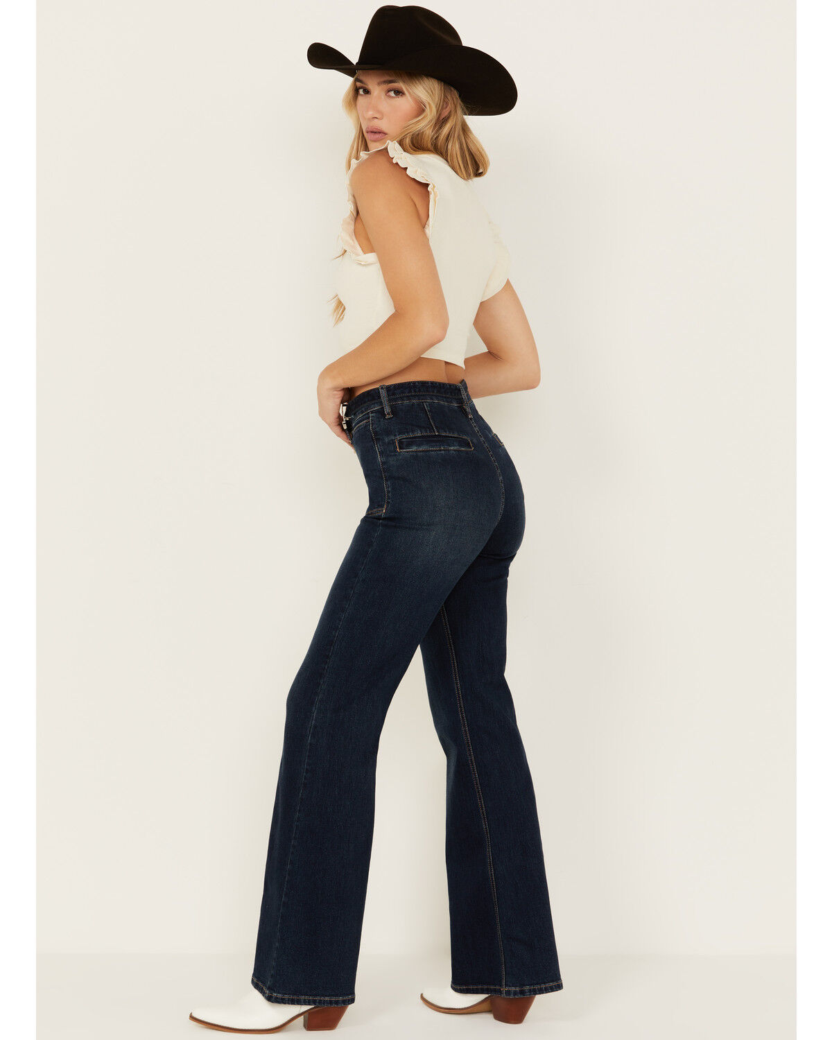 Image #3 - Rock & Roll Denim Women's Dark Wash High Rise Self Belt Wide Leg Stretch Flare Jeans, Dark Wash, hi-res