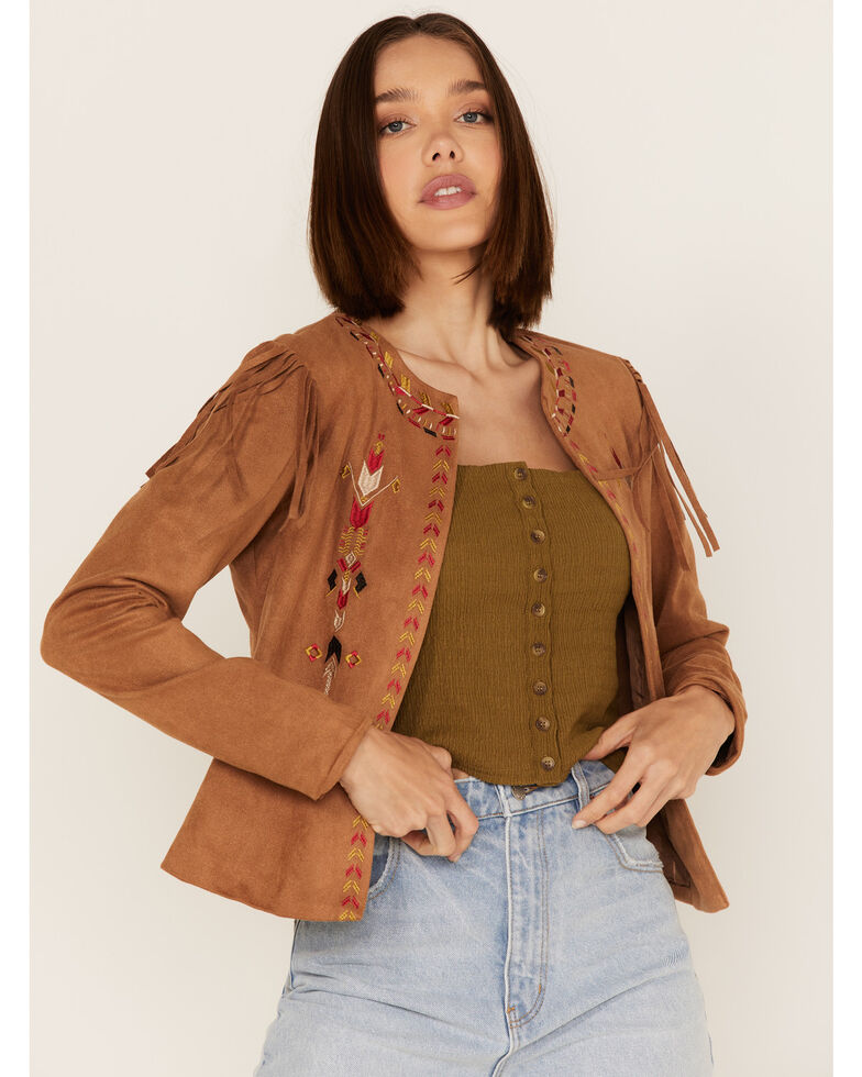 Fornia Women's Faux Suede Fringe Open Jacket, Camel, hi-res