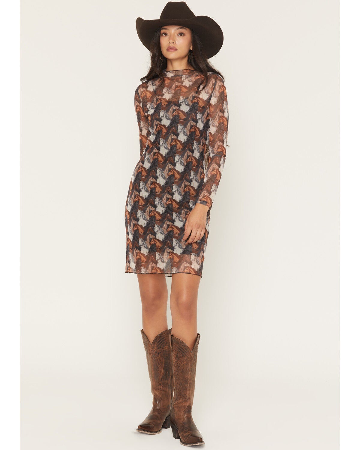 Rock & Roll Denim Women's Horse Print Long Sleeve Mesh Mini Dress, Black, hi-res