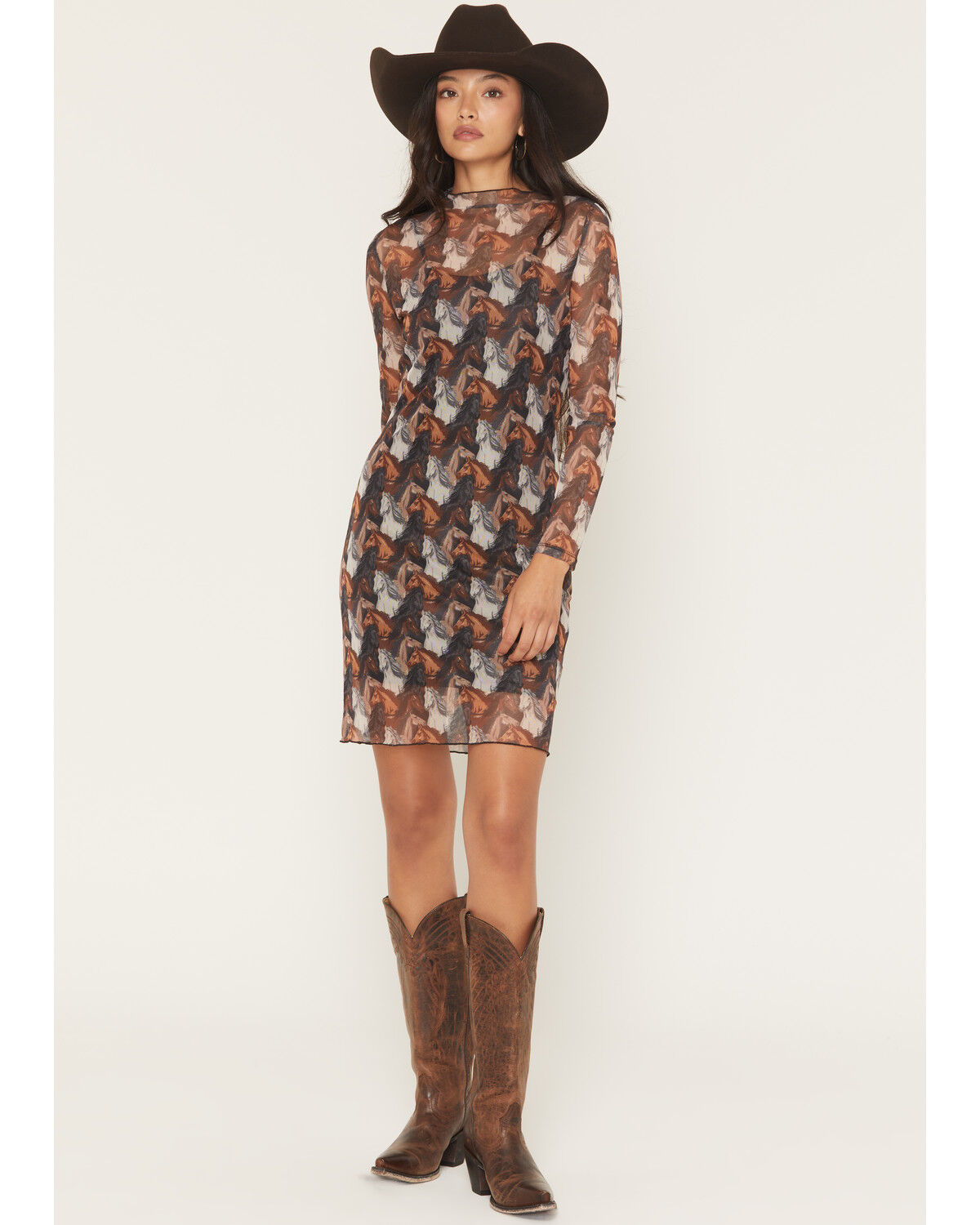 Image #1 - Rock & Roll Denim Women's Horse Print Long Sleeve Mesh Mini Dress, Black, hi-res