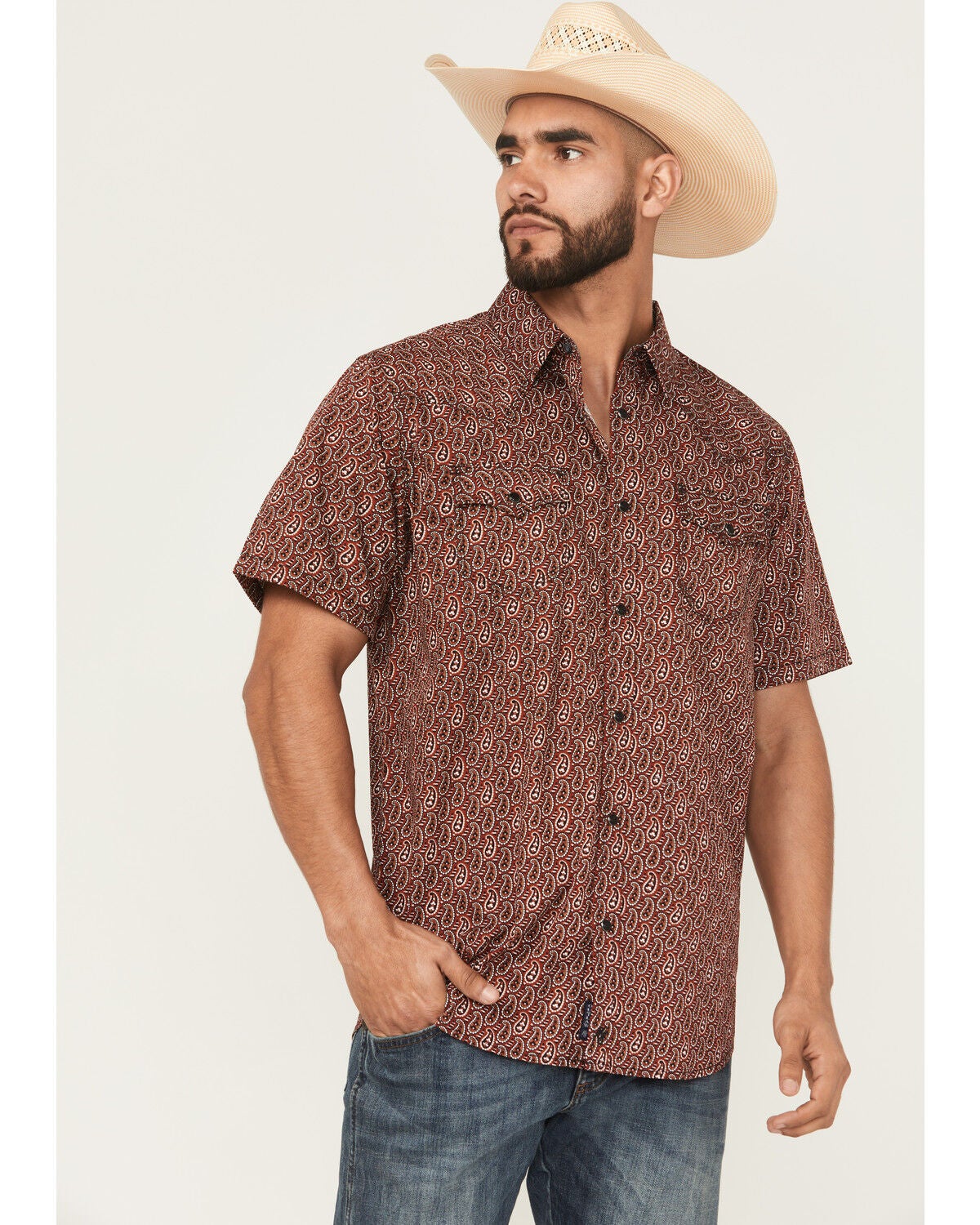 Moonshine Spirit&reg; Men's Lava Paisley Print Short Sleeve Snap Western Shirt, Red, hi-res