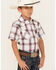 Ely Walker Boys' Textured Dobby Plaid Print Short Sleeve Pearl Snap Western Shirt, Burgundy, hi-res