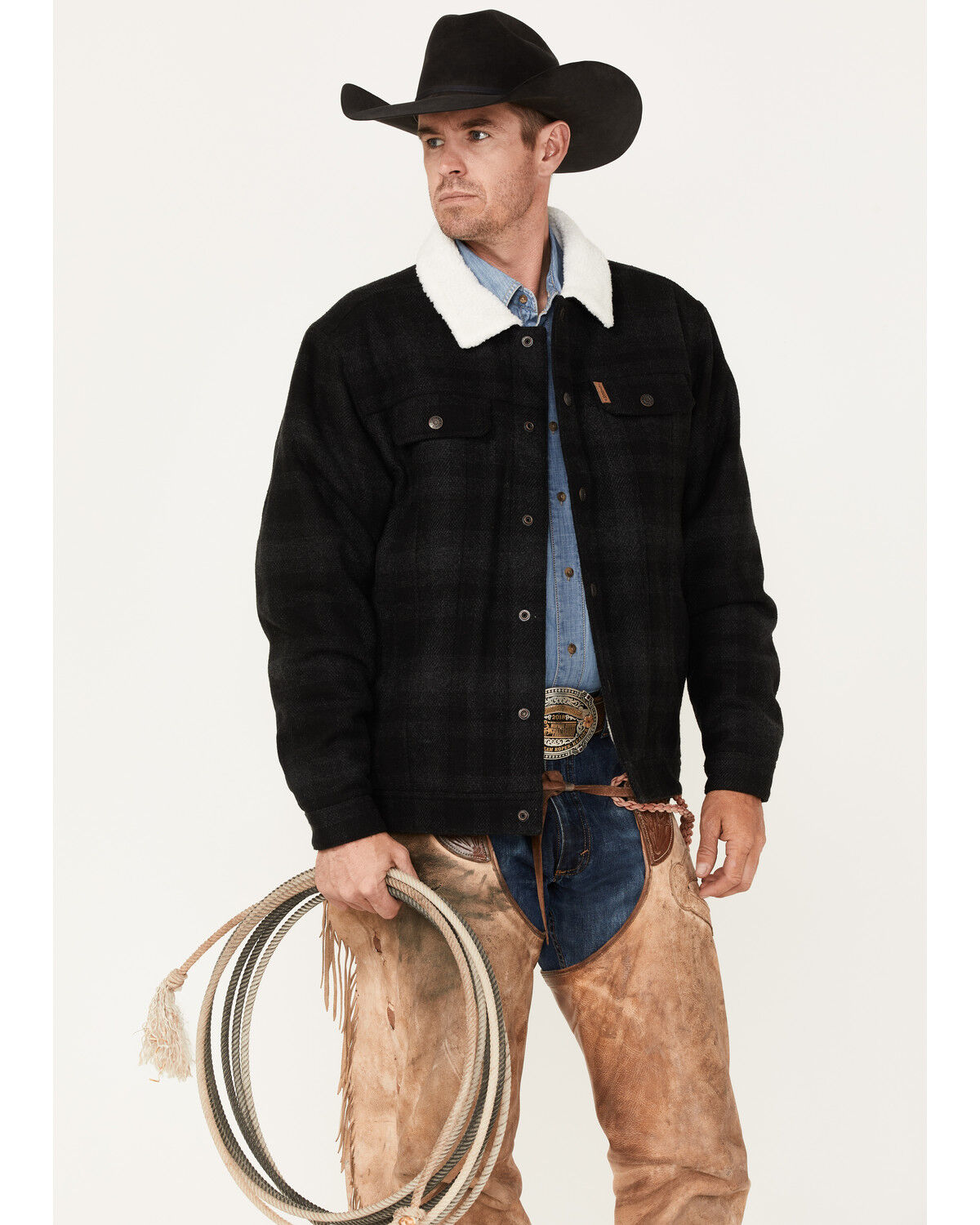 Image #3 - Cinch Men's Solid Sherpa-Lined CC Snap Wool Trucker Jacket, Black, hi-res