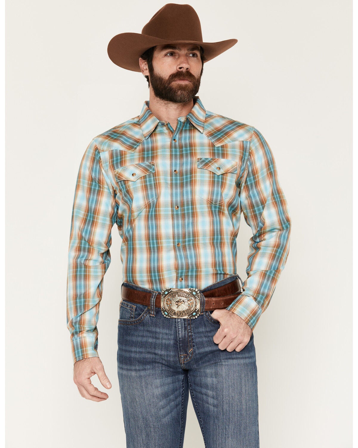 Cody James Men's Solstice Plaid Print Long Sleeve Snap Western Shirt, Light Blue, hi-res