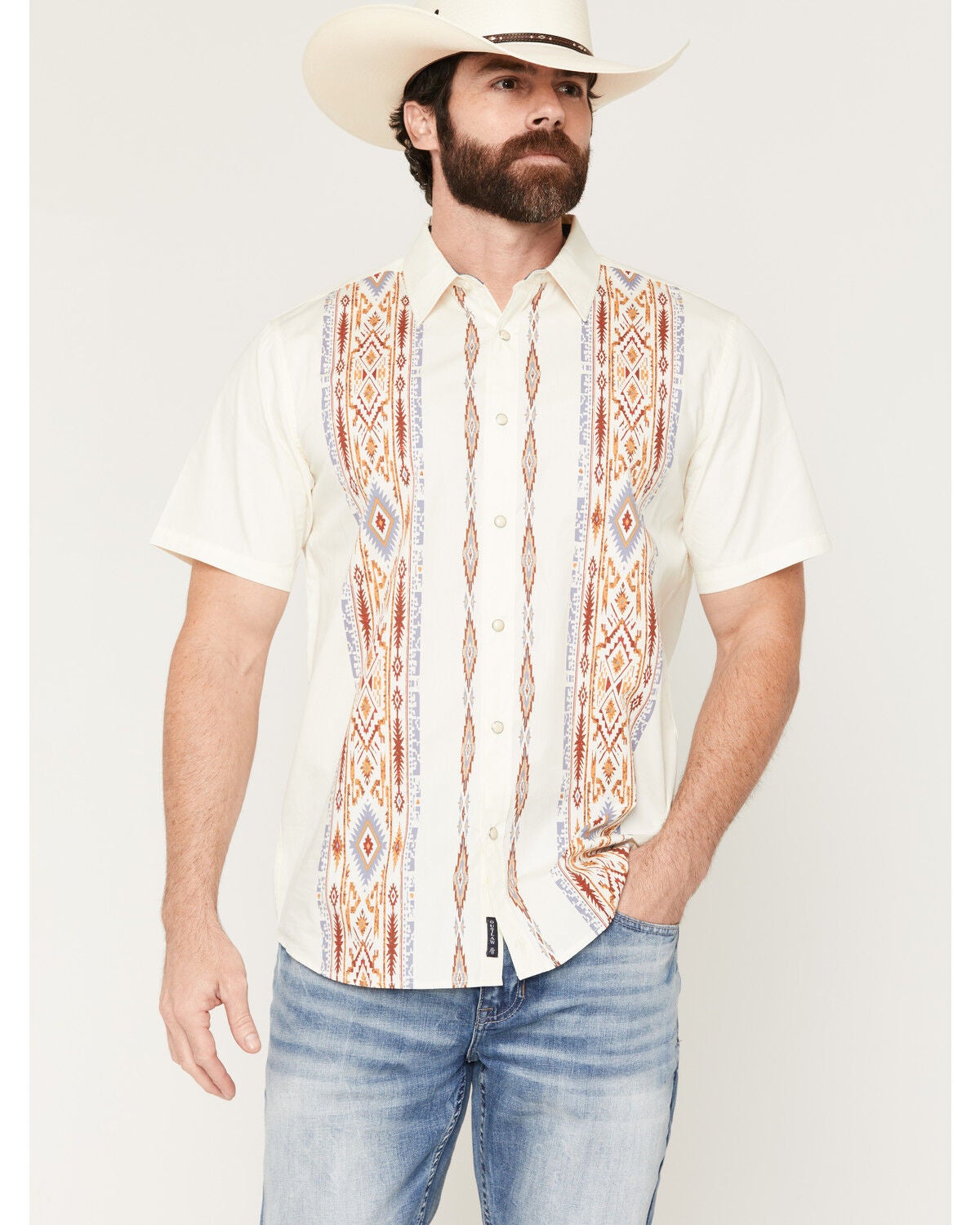 Image #1 - Moonshine Spirit&reg; Men's Mojave Southwestern Stripe Print Short Sleeve Snap Western Shirt, Ivory, hi-res