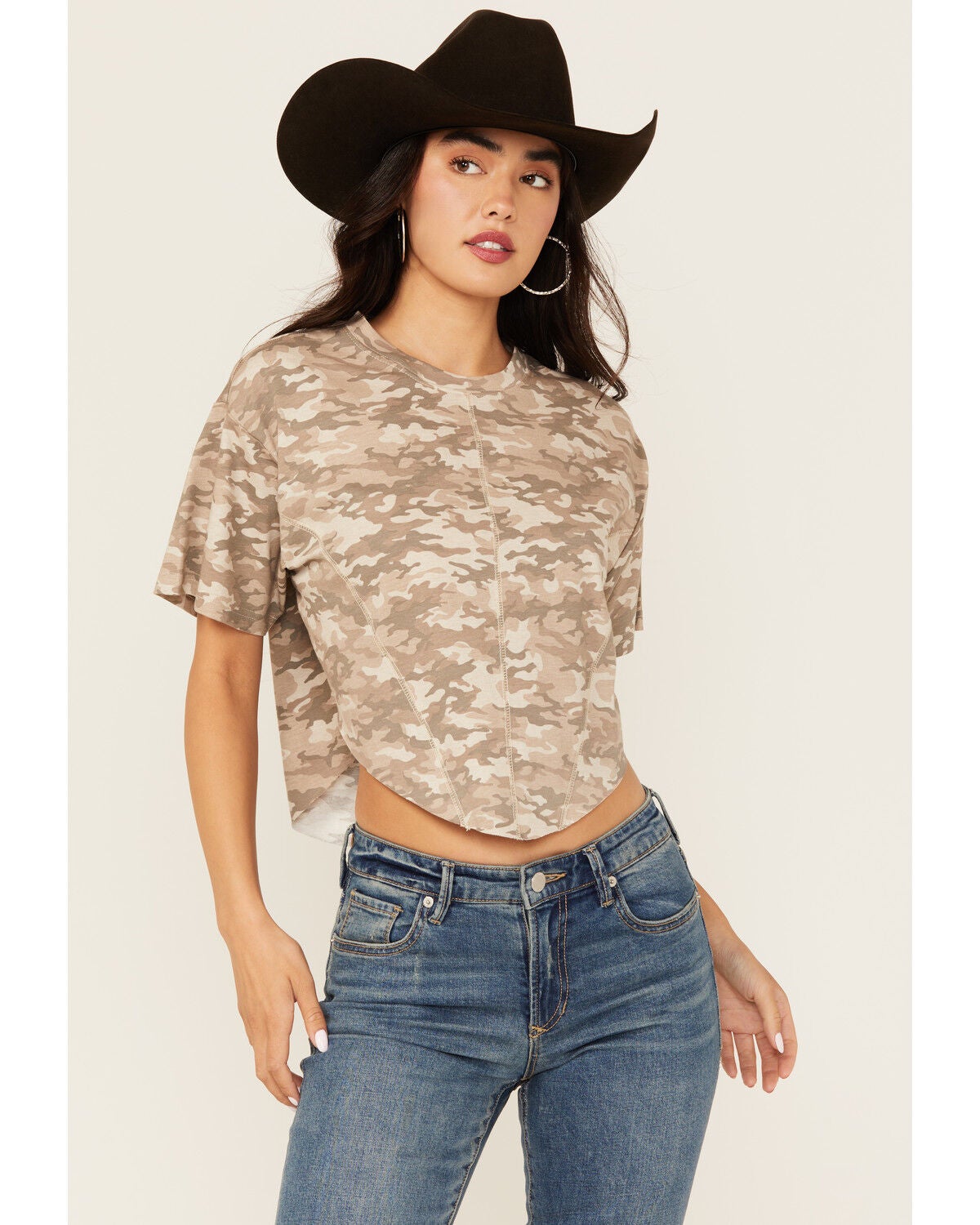 Youth in Revolt Women's Camo Print Short Sleeve Seamed Tee, Grey, hi-res
