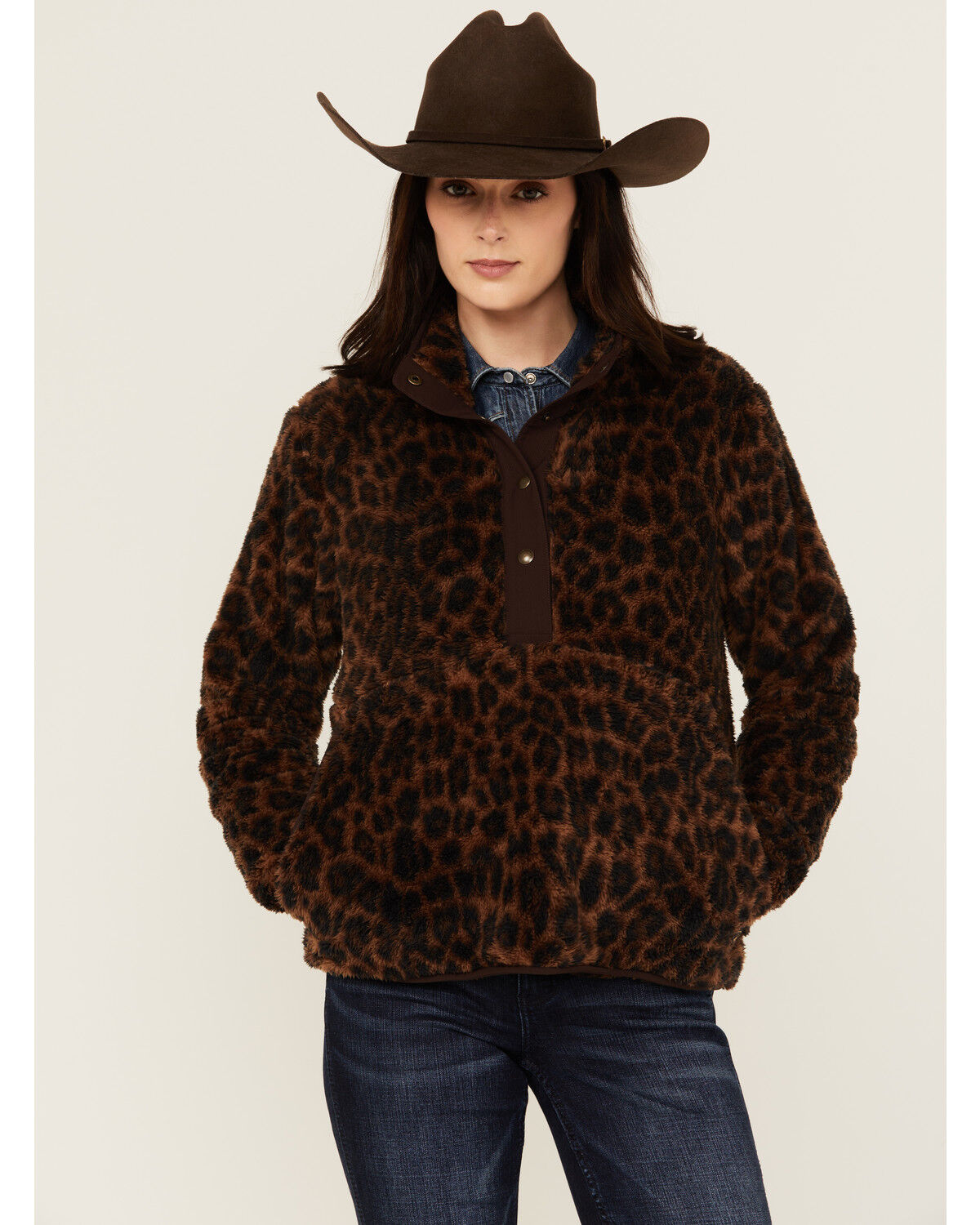 Image #1 - Ariat Women's Berber Leopard Print Sherpa Pullover, Brown, hi-res