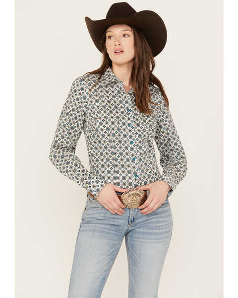 Image #1 - Cinch Women's Geo Print Long Sleeve Button Down Western Shirt, Cream, hi-res