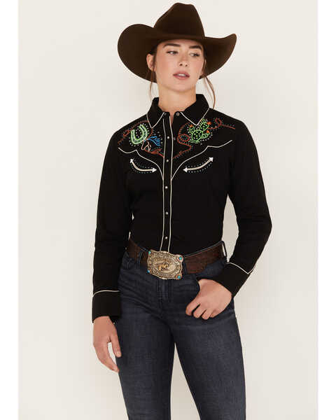 Ariat Women's Wynette Long Sleeve Western Snap Shirt, Black, hi-res