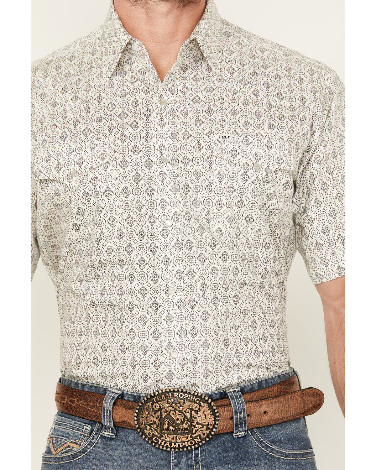 Image #3 - Ely Walker Men's Medallion Print Short Sleeve Snap Western Shirt - Tall, Cream, hi-res