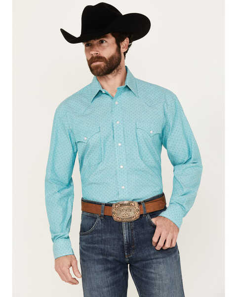 Image #1 - Rough Stock by Panhandle Men's Dotted Striped Long Sleeve Pearl Snap Western Shirt, Turquoise, hi-res