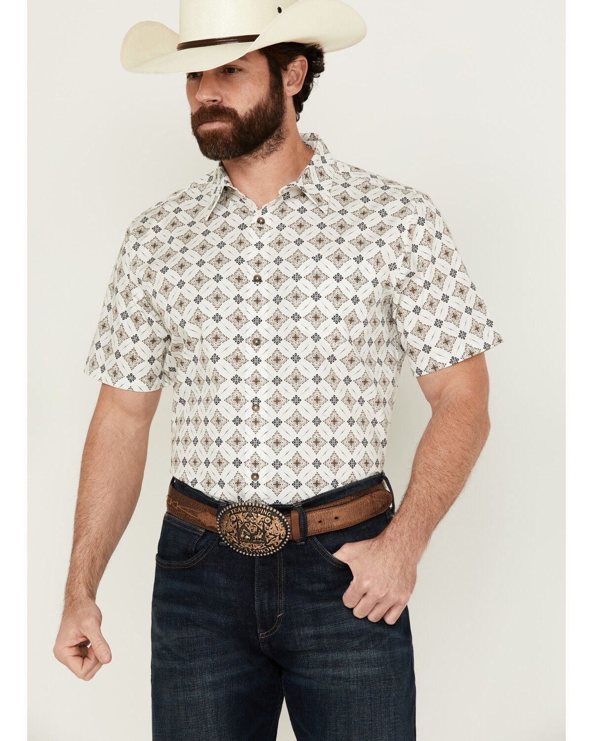 Gibson Men's Hubert Medallion Print Short Sleeve Button-Down Western Shirt, White, hi-res
