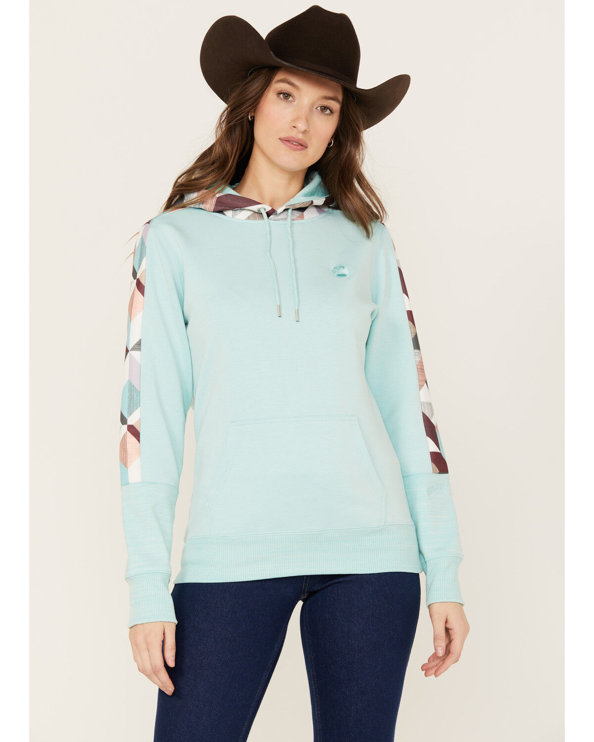 Image #1 - Hooey Women's Southwestern Print Contrast Canyon Hoodie, Blue, hi-res