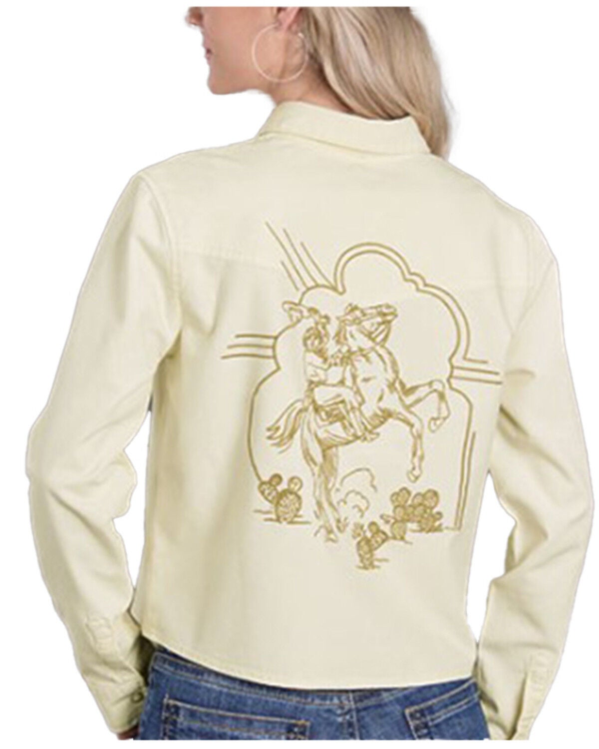 Stetson Women's Embroidered Long Sleeve Snap Western Denim Shirt, Cream, hi-res